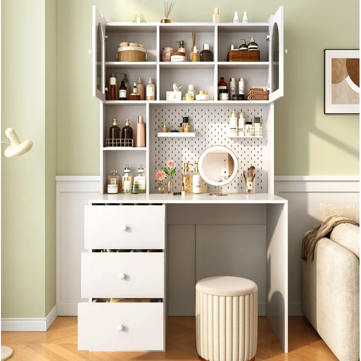 Schreibtisch 100 x 55 x 180 cm mit Pinnwand, Glasfronten und 3 Schubladen – MDF, Weiß – Bild 1