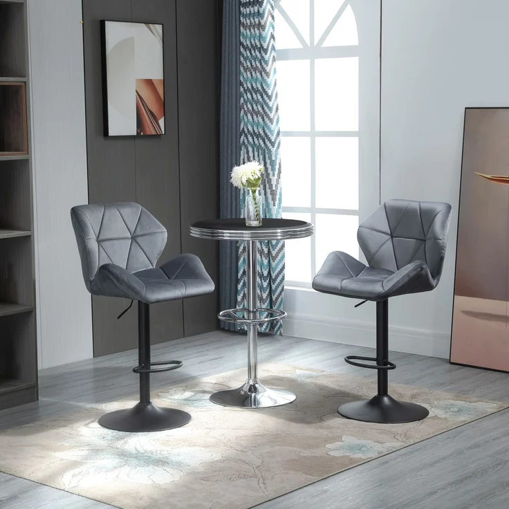 Barhocker 2er Set, Gepolsterter Barstuhl mit Metallgestell, Lehne, Samtoptik, Höhenverstellbar 360° Drehbar--Grau--117x57x58cm--YOUDENOVA – Bild 3