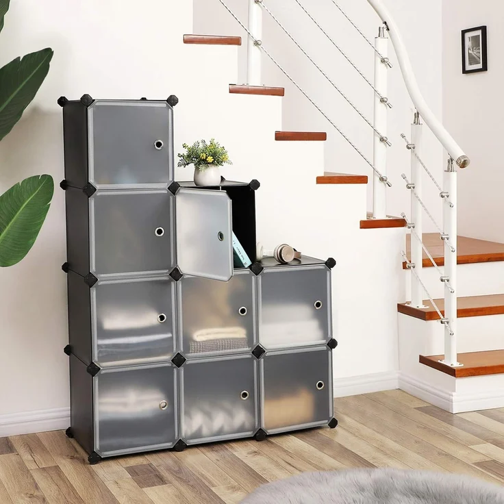 SONGMICS Regalsystem, Schuhregal, Set aus 9 Würfeln, Kleiderschrank aus Kunststoff, mit Türen, Steckregal, Aufbewahrung von Kleidung, Schuhen und Büchern, einfache Montage, schwarz LPC116HS – Bild 2