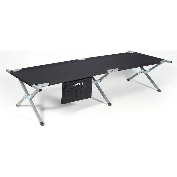 24Move Feldbett Feldbett, Gartenliege, Campingbett bis 180 kg, klappbar, zelten (schwarz, wasserabweisend, inkl. Seitentasche, 190 cm x 63 cm x 42 cm, inkl. Tragetasche für einfachen Transport) – Bild 2