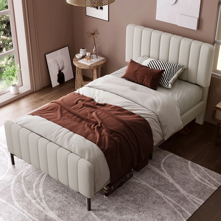 Polsterbett 90x200 cm mit höhenverstellbarem Kopfteil, stabilem Metallrahmen & Holzlatten, Stoff Grau-Beige,inklusive Matratze – Bild 5