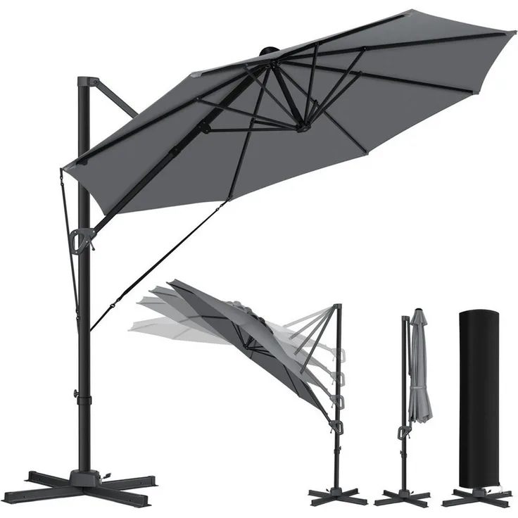 KESSER® Sonnenschirm Ampelschirm SUN Rund XL Ø330 cm Inkl. Windschtzseile & Abdeckung 7-Fach Verstellbar Drehbar Neigbar Kippbar Groß 360° Drehbar Gartenschirm mit Kurbel Sonnenschutz UV50+ Anthrazit, Ohne LED