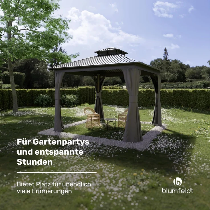 Blumfeldt Pavillon 3x3, Gartenpavillon Wasserdicht Stabil, Aluminiumrahmen & Verzinktes Stahldach, Inkl. Vorhänge & Moskitonetz, UV-Schutz, Wetterfest, Schwarz – Bild 4