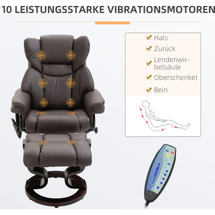 Massagesessel mit Hocker, 145° Liegefunktion & 10 Massagepunkten, 79x82x101 cm, Braun – Bild 4