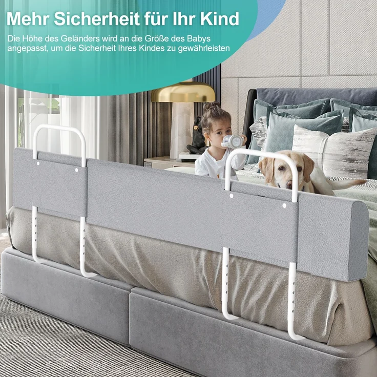Eikuavons 1x Bettgitter 150cm Grau, höhenverstellbares Bettschutzgitter, Kinderbettgitter Babybettgitter Rausfallschutz für Familienbett & Kinderbett, Perlbaumwolle, Grau – Bild 3