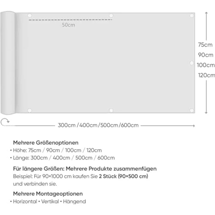 Sekey Balkon Sichtschutz HDPE 220g/m² | Wetterfest & Schnelltrocknend | Lichtdurchlässig & Blickdicht | 75x600cm, Hellgrau – Bild 7