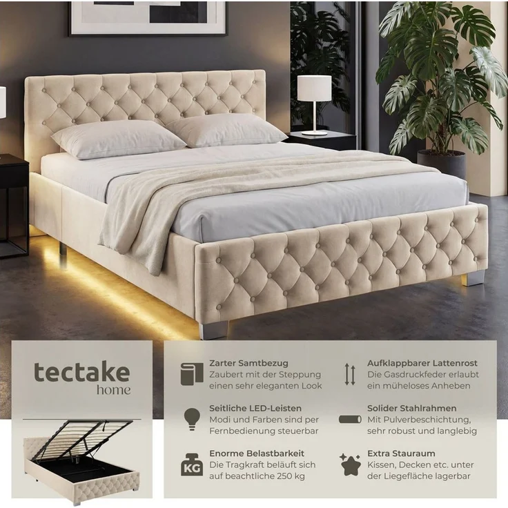 tectake Polsterbett Komfortbett mit LED-Leisten & Stauraum - Samtoptik mit Steppmuster (Bettset, in Samtoptik Sand), stabiler Stahlrahmen, Belastbarkeit 250 kg – Bild 1