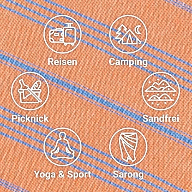 LeStoff Hamamtuch, 100% Bio-Baumwolle, 95 x 180 cm, schnelltrocknend und saugstark, leicht und kompakt, ideal für Sport und Reisen (Orange - Blau) – Bild 4