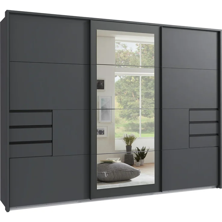 Schwebetürenschrank Kleiderschrank 273cm 3-trg. Passepartout Schubladen Spiegel Grafit – Bild 1