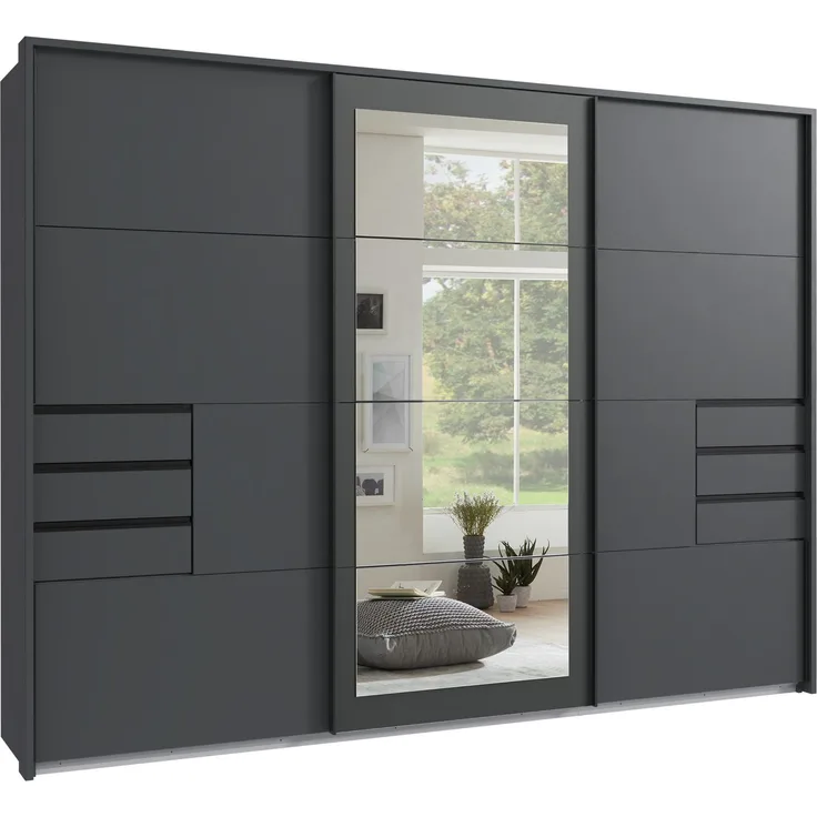 Schwebetürenschrank Kleiderschrank 273cm 3-trg. Passepartout Schubladen Spiegel Grafit