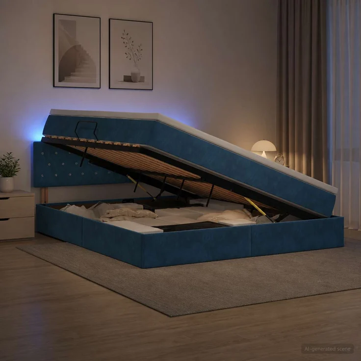 vidaXL LED-Speicherbett mit Matratze Dunkelblau 140 x 200 cm Samt 3459196 – Bild 1