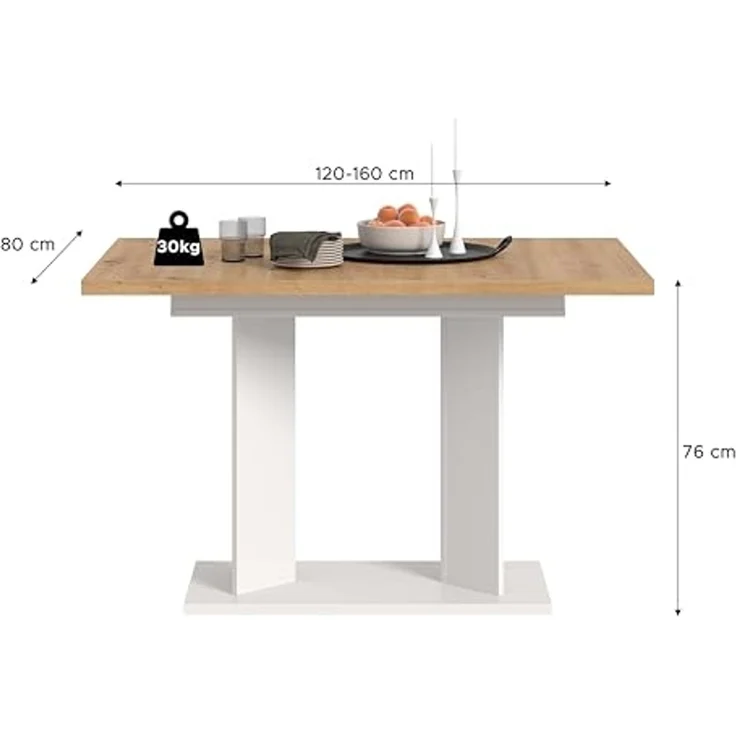 xonox. home – Esstisch Gustav 120-160x76x80 cm in Artisan Eiche Nachbildung und Weiß – Ausziehbarer Küchentisch mit Doppelsäule – variabel anpassbar, ummantelte Kanten & inklusive Aufbauanleitung – Bild 3