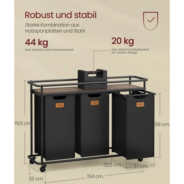 VASAGLE Wäschekorb mit 3 Fächern, Wäschesortierer mit Rädern, 150 L Wäschewagen mit Ablage, schwarz-braun – Bild 5