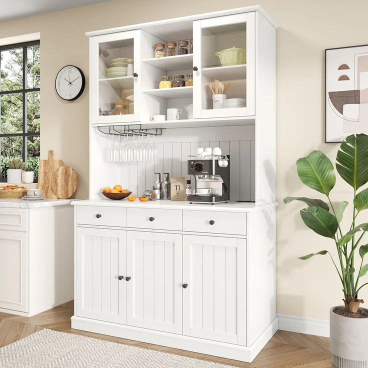 Buffetschränke, Esszimmer-Hochschrank 120×40×191 cm, mit Glastüren, Gläserhalter, mehrstufigem Stauraum, integrierter Steckdose sowie USB-C- und USB-A-Anschlüssen, Weiße und schwarze Griffe--Weiß--120x40x191cm--YOUDENOVA – Bild 7