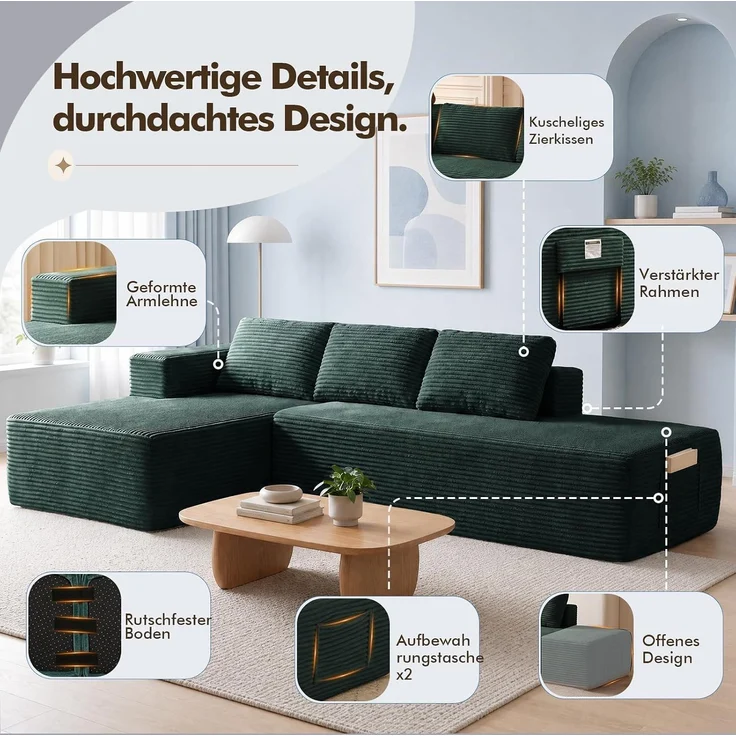 COMHOMA Ecksofa mit Schlaffunktion, 255cm Corduroy Modulares Boneless Couch mit Chaiselongue & Rücken-Metallgestell, L-Form Schlafsofa mit offenem Design, Kissen & Seitentaschen,für Wohnzimmer, Grün-R – Bild 8