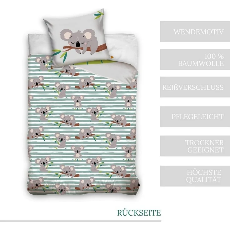 MTOnlinehandel Bettwäsche Koala 135x200 + 80x80 cm, 100 % Baumwolle, Renforcé, 2 teilig, chillige Bettwäsche für Kinder, Jugend & Erwachsene – Bild 2