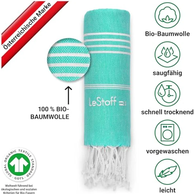 LeStoff das traditionelle Hamamtuch Strandtuch Badetuch Saunatuch Duschtuch Spa Sport Yoga Reisen 100% Bio-Baumwolle. Nachhaltig, natürlich, weich und vorgewaschen. (95x180 cm, Turquoise) – Bild 4