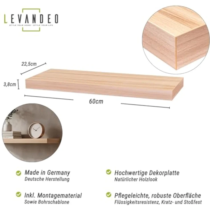 Levandeo® Wandregal, Wandboard Bobby 60cm Kernbuche - Wandregal Regal Board Bord – Bild 4