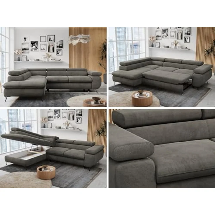 Mks Möbel 'Peter L-form' Ecksofa mit Bettfunktion, Bettkasten & einstellbaren Kopfstützen, Dunkelgrau, Velours, links – Bild 2