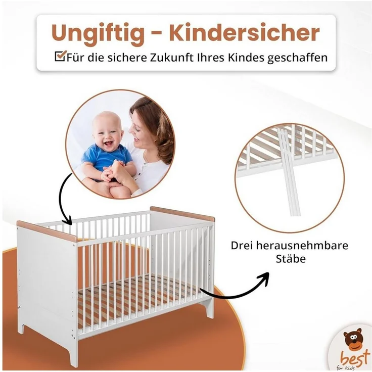 Best for Kids Kinderbett Kinder bett 2-in-1 – Babybett & Juniorbett, umwandelbar für Kinder (Kinderbett mit Matratze, 1-tlg, Kinderbett inklusive Comfort Maxi Matratze und Montageset), 2-in-1 Funktion, umbaubar zum Juniorbett – Bild 4