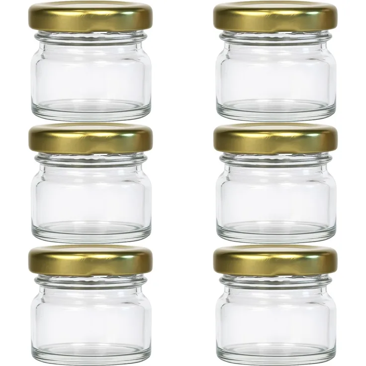hocz 6x Mini Marmeladengläser 30 ml | mit Deckel Gold TO 43 | kleine Einmachgläser mit Schraubdeckel zum befüllen | Schraubgläser, Sturzgläser Set | leere Gläser für Marmelade | 6 Stück