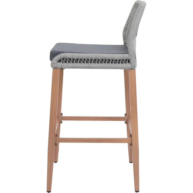 2er-Set Rope-Barhocker HWC-O21, Outdoor Sitzpolster Seilgeflecht Metall Holz-Optik ~ hellgrau, Kissen dunkelgrau – Bild 8