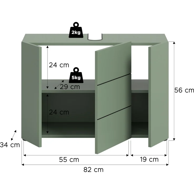 Waschbeckenunterschrank (B/H/T: 82x56x34 cm) in Smoke Green Nachbildung und schwarz – Bild 4