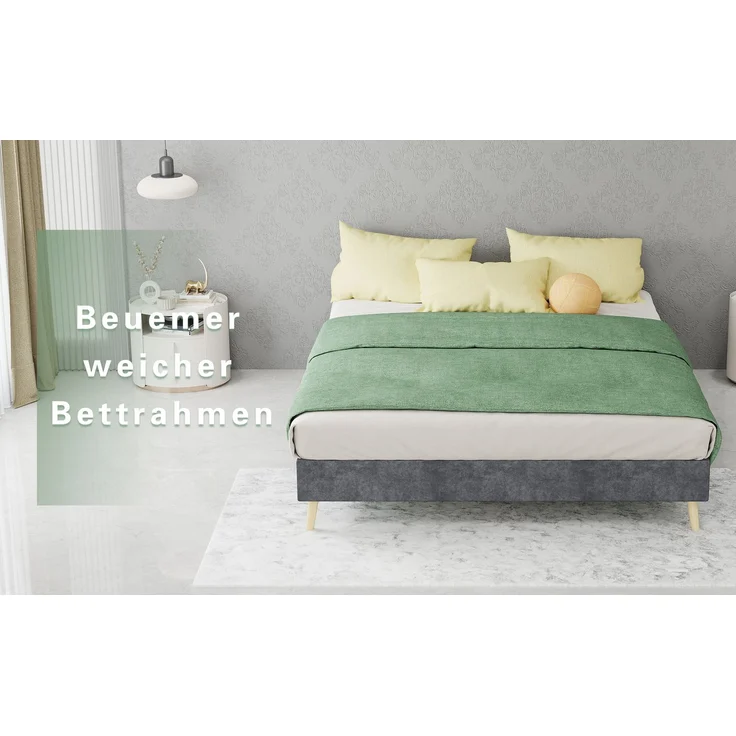 Novelux Modernes Bettgestell 140x200 cm ohne Kopfteil – Minimalistisches Low-Profile Plattformbett aus Dutch Velvet Samt in Grau, stabiler Bettrahmen – Bild 7