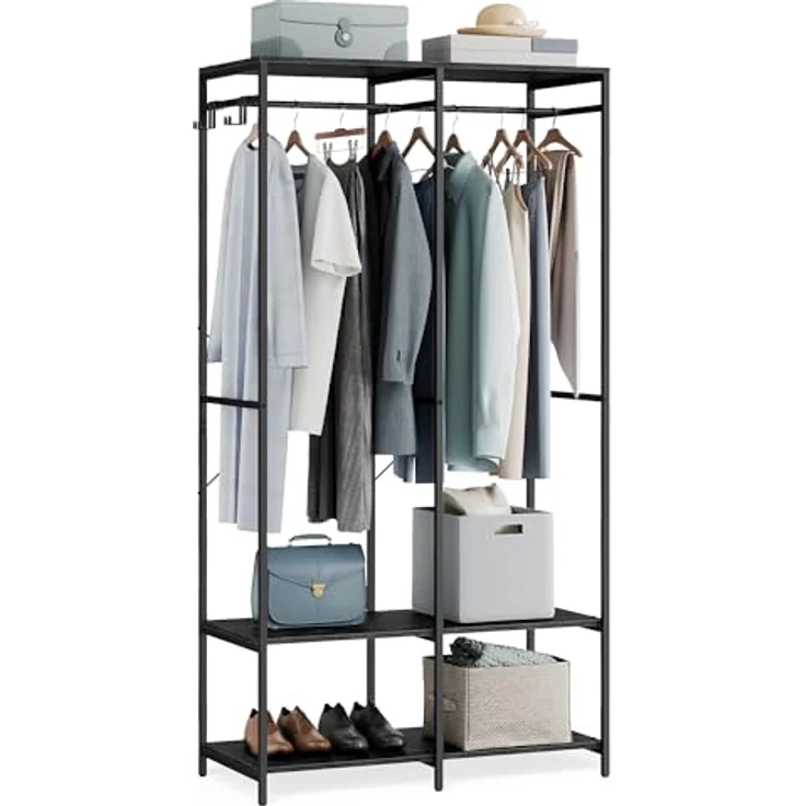 SONGMICS Kleiderschrank offen, Kleiderständer, Garderobenständer, Garderobe mit Kleiderstange, Ablagen, abnehmbare Haken, 40 x 94,5 x 180 cm, ebenholzschwarz RGR004B56 – Bild 2