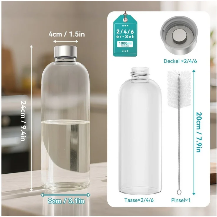 FIVMEN Trinkflasche luftdichte Glaswasserflasche 1000ml mit Edelstahldeckel, 2/4/6 Stück Saftflaschen Set inkl. Reinigungsbürste für Wasser, Saft – Bild 2