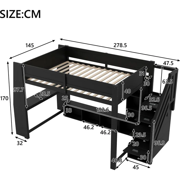 Hochbett 140x200 cm mit Schreibtisch, mehrstufigem Stauraum, LED-Beleuchtung und Stauraumtreppe, Schwarz – Bild 10