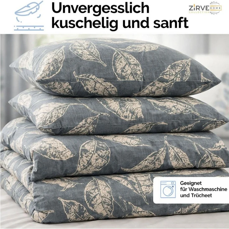 ZIRVEHOME Bettwäsche Baumwolle Bettbezug Graublau Beige Elegantes Blattmuster, Arina P1, Renforce, 3 teilig, 240x220 Baumwolle Bettbezug Graublau, Beige Blattmuster – Bild 3
