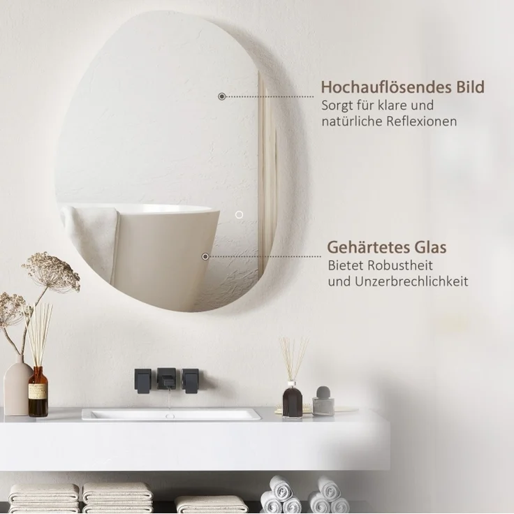 Asymmetrischer Badspiegel aus Glas mit LED-Hintergrundbeleuchtung und Anti-Beschlag, 50x70 cm, Silber – Bild 5