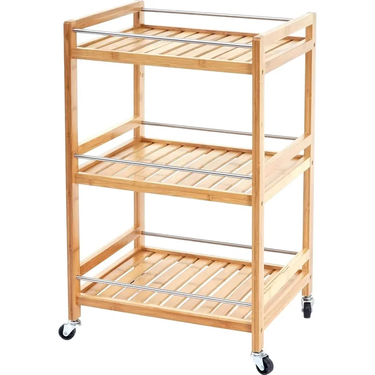 Rollwagen HWC-D91, Rollregal Allzweckwagen Bücherregal, 3 Ebenen Bambus 76x46x38cm