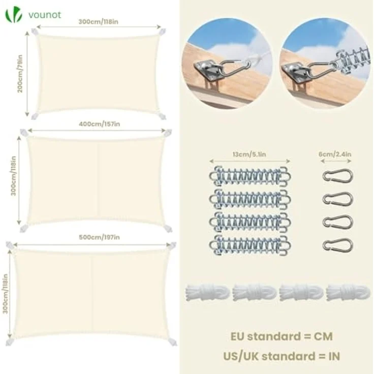 VOUNOT® Sonnensegel Rechteckig mit Befestigung Set, Wasserdicht Sonnenschutz Wetterbeständig, für Balkon Garten Terrasse, 3x5m, Beige – Bild 6