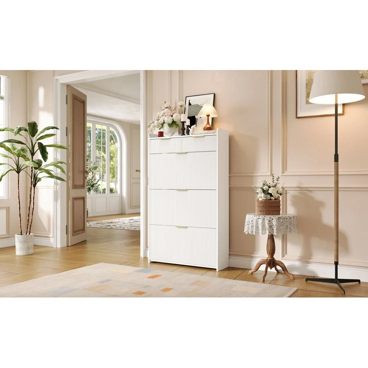 ZUBALIYA Schuhschrank (80 x 25 x 135 cm), 3 Klappfächer und 2 Schubladen, Aus Spanplatte, Stauraum für Flur und Eingangsbereich, Weiß – Bild 21