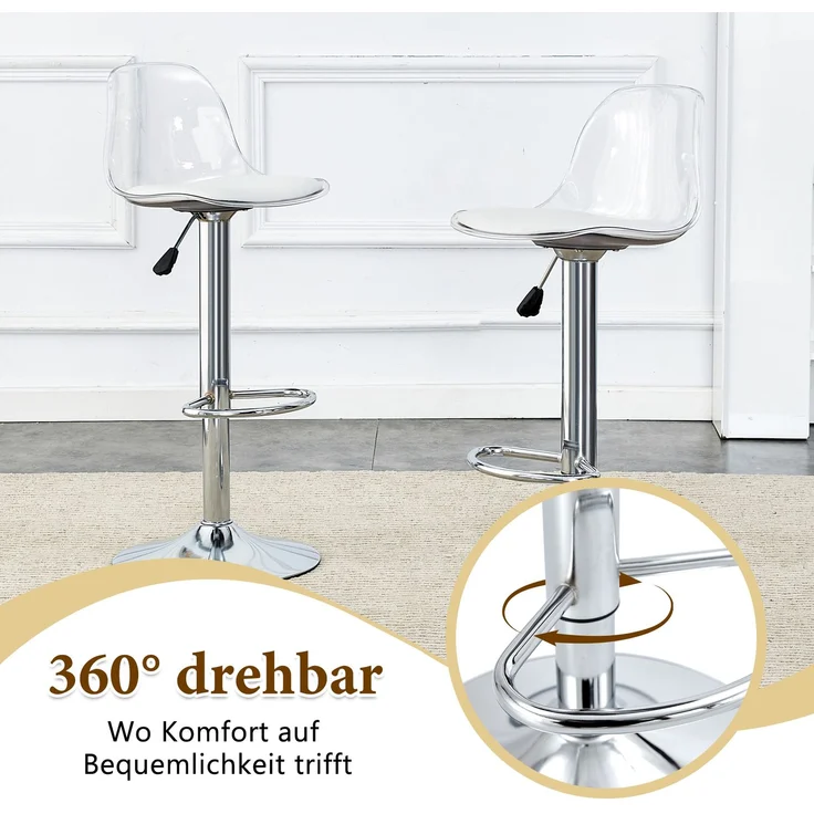 Flexibles Bar-Set: 89 cm Glastisch + 2 Hocker mit silberfarbenen Beinen, höhenverstellbar & drehbar.•Transparente Optik • 360°-Drehung • Vielseitig nutzbarSchafft visuelle Weite und spart Platz.--Silber, Transparent--51x49.5x50cm--YOUDENOVA – Bild 6