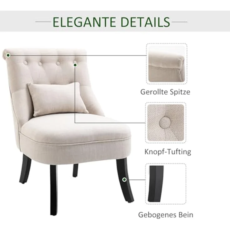 HOMCOM Relaxsessel Sessel mit Rückenkissen, Loungesessel mit Leinenoptik (Fernsehsessel, 1-St, Postersessel), für Wohnzimmer, Schlafzimmer, 52,5 x 69 x 77 cm, Cremeweiß – Bild 6