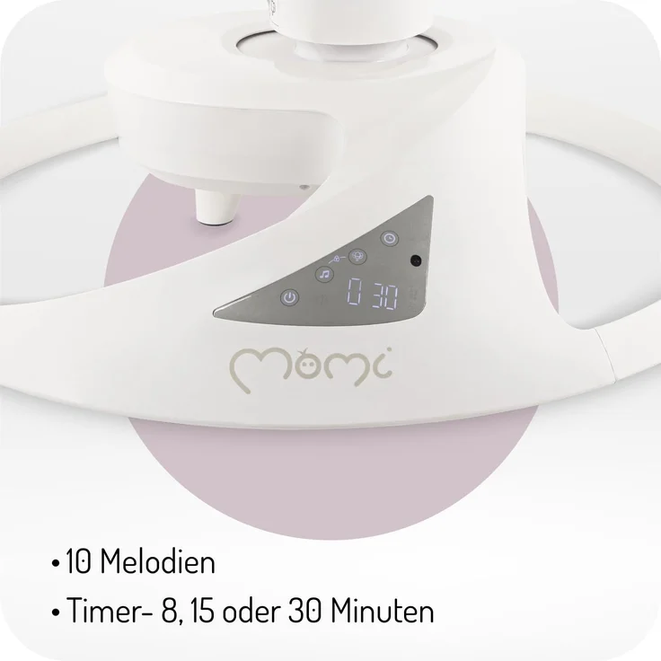 MoMi Babywippe PEARL für Babys bis 9 kg, 360° drehbarer Sitz, LED-Panel, Bluetooth, Fernbedienung, Batterie- oder Netzbetrieb, Netzteil mit USB-Kabel, 5-Punkt-Sicherheitsgurt, Bügel und Spielzeug – Bild 5