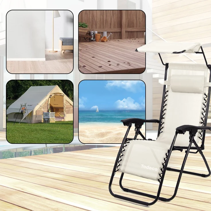 Todeco Liegestuhl klappbar mit Sonnenschutz, Sonnenstuhl mit abziehbare Kissen, Max Belastbarkeit 100kg, Strandliegestuhl leicht, Beige – Bild 3