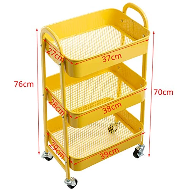 DOEWORKS Aufbewahrungswagen Rollwagen Metall 3-Etagen Utility Cart Rollwagen Servierwagen für Wohnzimmer Schlafzimmer Make-up Badezimmer Büro, Gelb – Bild 7