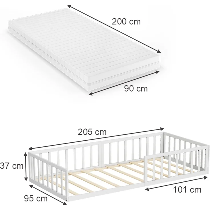 Bodenbett aus Metall Minno Weiß 90x200 mit Matratze Vitalispa – Bild 2