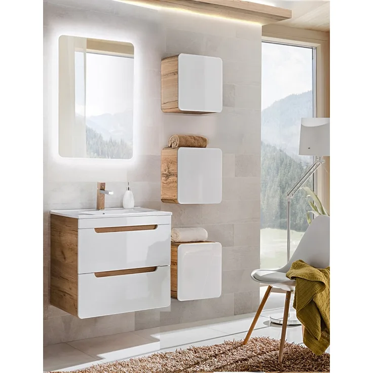 Badmöbelset Hochglanz weiß mit Wotan Eiche Nb. LUTON-56 mit 61 cm KeramikWaschtisch & LED-Spiegel, B/H/T ca. 110/200/46 cm