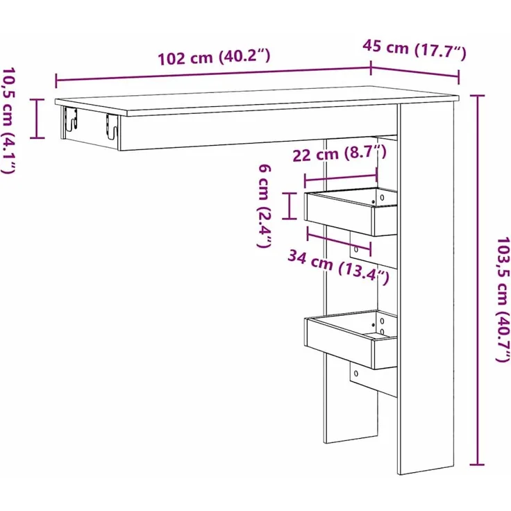 vidaXL Wand Bar Tisch Schwarz Eichen-Optik 102 x 45 x 103,5 cm 862748