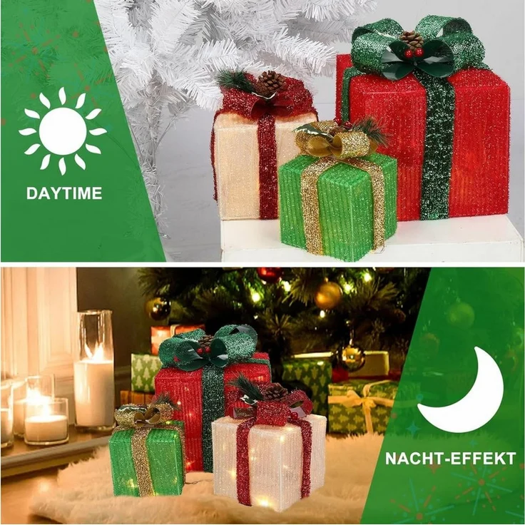 LALAHO LED Dekolicht LED Geschenkbox Weihnachtsdeko 3er Set, mit 60 warmweißen LEDs Weihnachtsdeko beleuchtete 20/13.5/11 cm – Bild 2