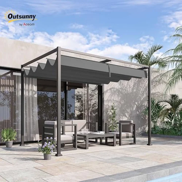 Outsunny Pergola 3x2m Gartenpavillon mit verstellbarem Dach, UV- und Wasserschutz, freistehendes Metall-Dach für Terrasse und Garten, grau – Bild 2