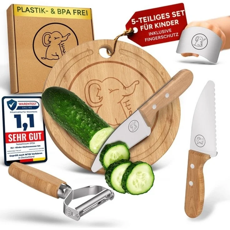 Eli Kinderkochmesser Küchenmesser Kinder Set inkl. Schneidebrett, Schäler und Fingerschutz, 5 teiliges hochwertiges Schneidemesser Set - rostfreier Edelstahl – Bild 4
