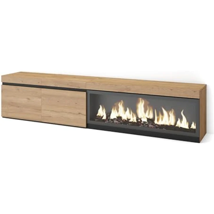 Skraut Home | TV-Schrank, Lowboard | für Wohnzimmer und Esszimmer | 210 | Für TV-Geräte bis zu 80" | Elektrokamin XXL | Moderner Stil | Eiche – Bild 1