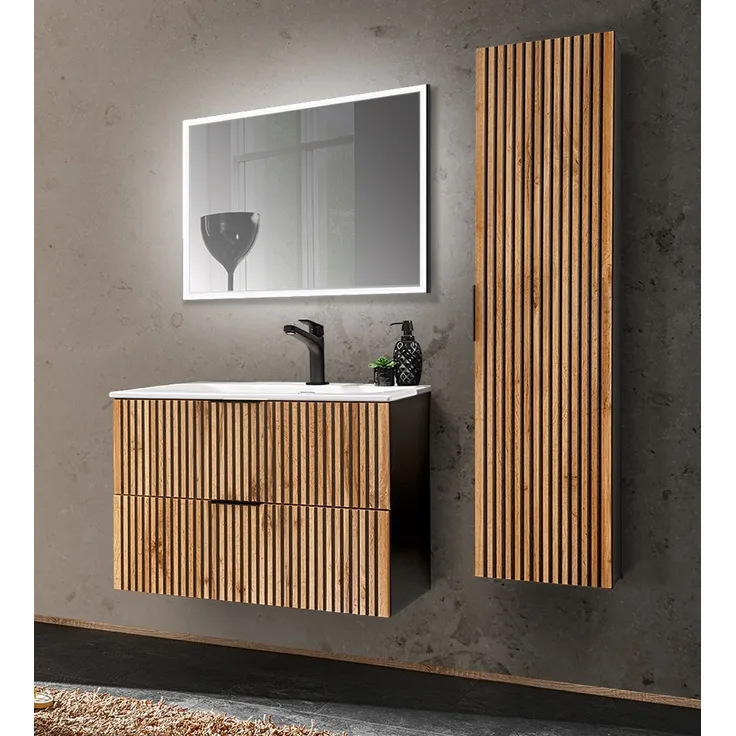 Badezimmer Set mit Waschtisch 81 cm, Hochschrank, LED Spiegel XANTEN-56 in anthrazit mit Eiche Nb. schwarz gerillt, B/H/T: ca. 130/200/46 cm
