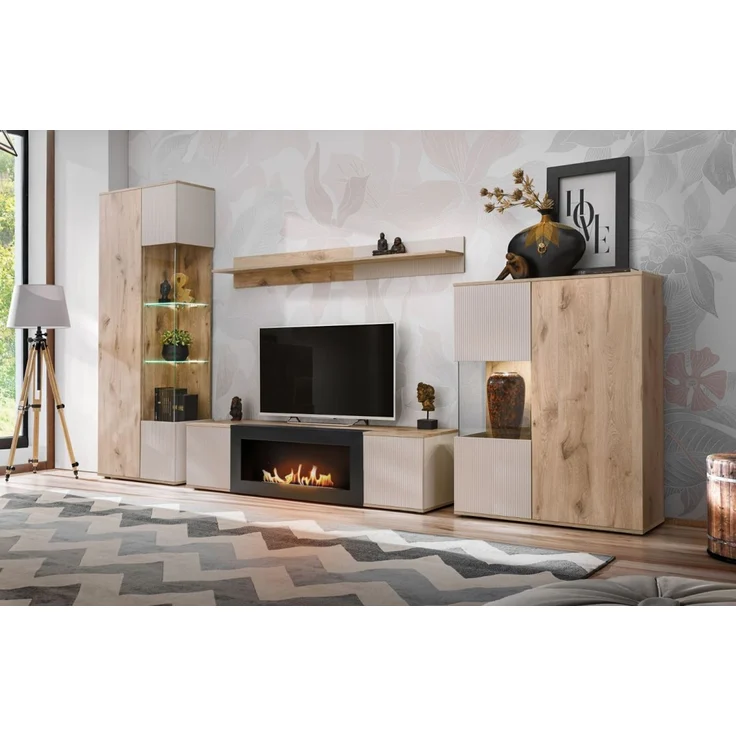 Wohnwand Cathlyn in Viking Eiche und Kaschmir mit Kamin 350 cm – Bild 2